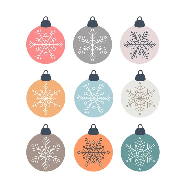 Set Christmas Scandinavian Decorations Glass Ball Snowflakes Vector Illustration Flat — Stock Vector