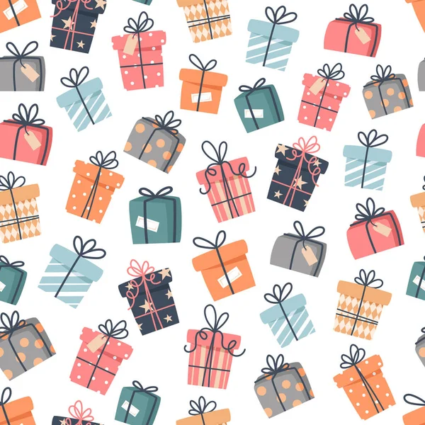 Weihnachten Nahtloses Muster Mit Geschenken Und Schneeflocken Vektorillustration Flachen Stil — Stockvektor
