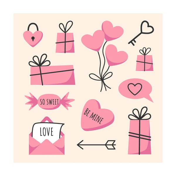 Valentine Day Set Elements Flat Style — Stock Vector