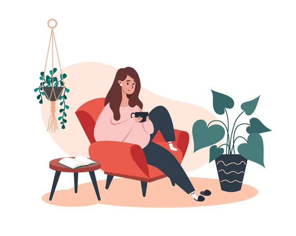 Woman Sitting Resting Armchair Coffee Rest Home —  Vetores de Stock