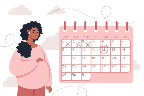 Mujer Embarazada Feliz Para Cerca Del Calendario — Vector de stock