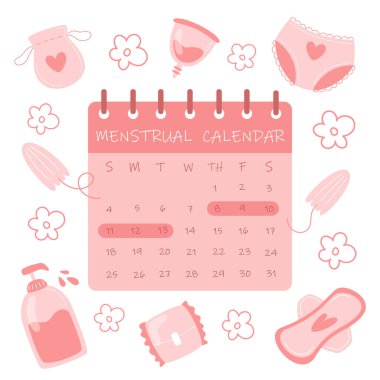 Adet döngüsü takvimi ve düz tarzda kadın hijyen öğeleri