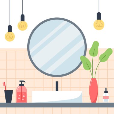 Interior of bathroom with washbasin and round mirror, flat style