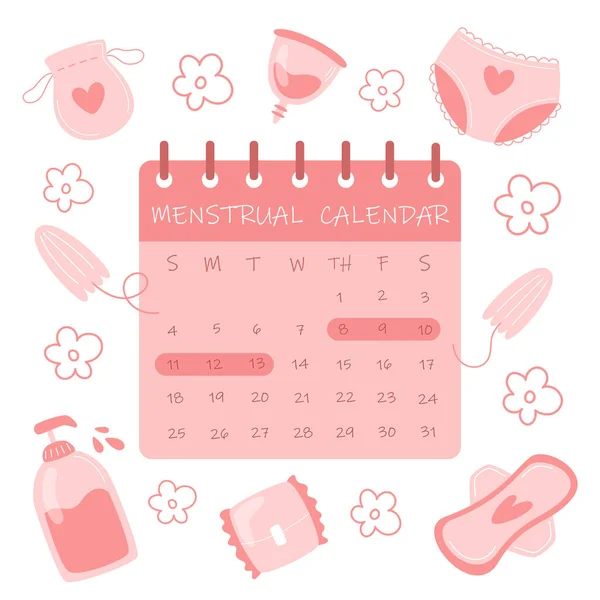 Calendário Ciclo Menstrual Itens Higiene Feminina Estilo Plano — Vetor de Stock