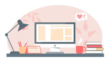 Bilgisayarı ve diğer ofis malzemeleri olan bir ofis çalışanının rahat çalışma yeri.