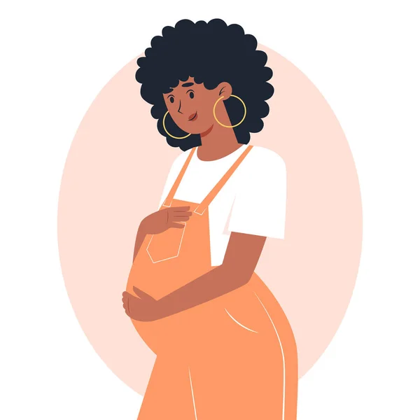 Молодая Беременная Женщина Комбинезоне Обнимает Живот Руками Беременностью Материнством — стоковый вектор