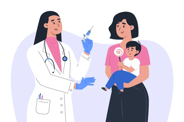 Maskeli ve eldivenli bir kadın doktor çocuk bir hastaya aşı yapar.