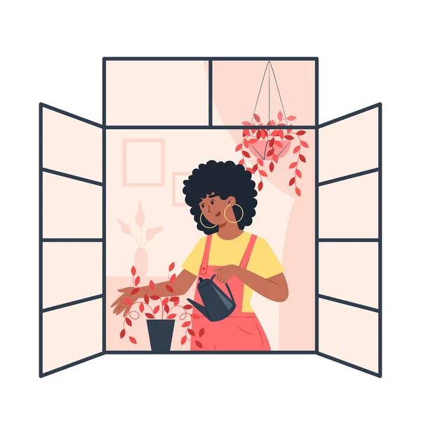 Mujer Joven Regando Plantas Una Ventana Abierta — Archivo Imágenes Vectoriales