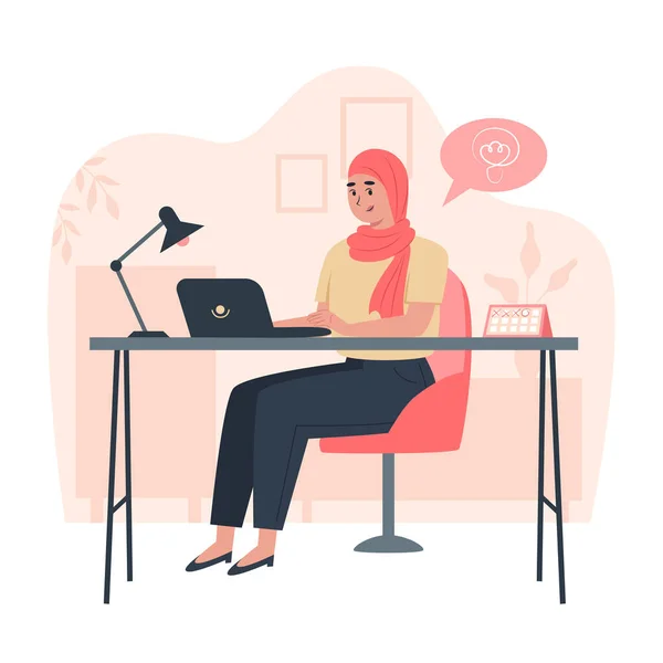 Ofiste Masa Başında Oturan Mutlu Kadın Işçi Gün Boyunca Üretkenlik — Stok Vektör