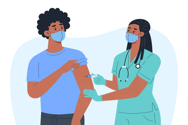 Pielęgniarka Masce Rękawiczkach Robi Szczepionkę Dla Mężczyzny — Wektor stockowy