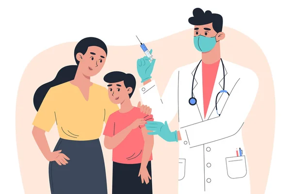 Maskeli ve eldivenli bir erkek doktor çocuk hastaya aşı yapar.