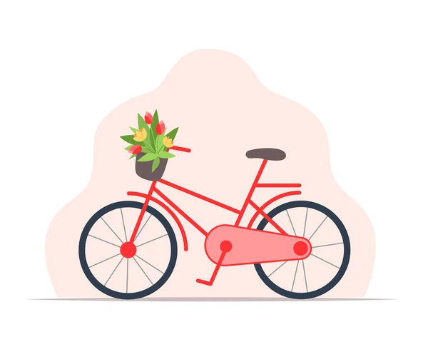 Czerwony Rower Damski Koszem Kwiatów — Wektor stockowy