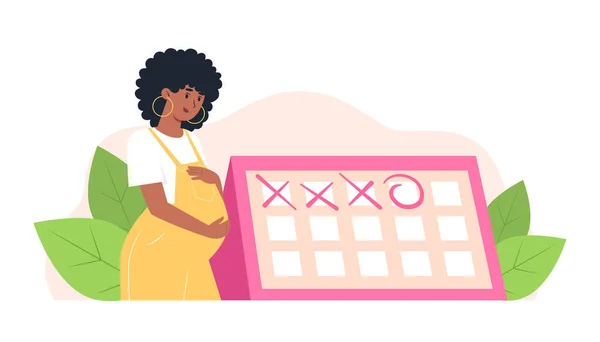 Szczęśliwa Kobieta Ciąży Stoi Pobliżu Kalendarza Planowane Spotkanie Położnikiem Ginekologiem — Wektor stockowy