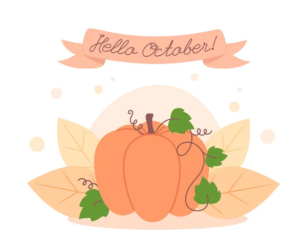 Őszi Kártya Sütőtök Hello Október — Stock Vector