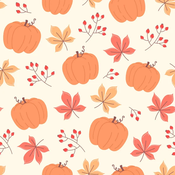 Modèle Sans Couture Automne Citrouilles Feuilles Orange Baies Rouges — Image vectorielle