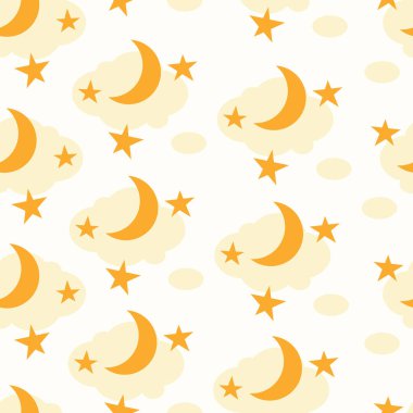Seamless pattern with crescent moon, clouds and stars on white background for kids room