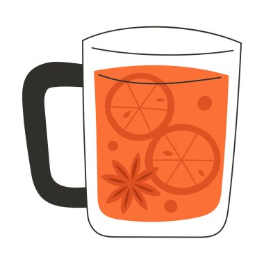 Şeffaf cam bardak ve baharatlı ve narenciyeli bitki çayı.