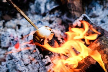 Lezzetli ve tatlı marşmelov şenlik ateşinde kızartılıyor. Odaklanmamış