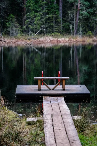 Footbridge on the autumn lake in forest. Autumn mood. Vertical photo — Stock Photo, Image