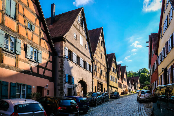 Dinkelsbuhl, Germany - July 2, 2021: Oldtown of Dinkelsbuhl, Bavaria, Germany. High quality photo