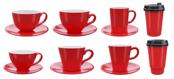 Set Roter Kaffeebecher Isoliert Auf Weißem Hintergrund Clipping Pfad Renderer — Stockfoto