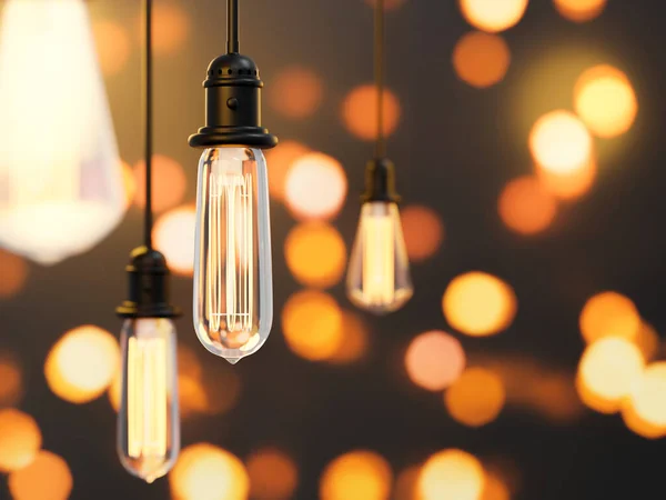 Edison Glödlampor Dekorativa Antika Belysning Bokeh Bakgrund Render — Stockfoto