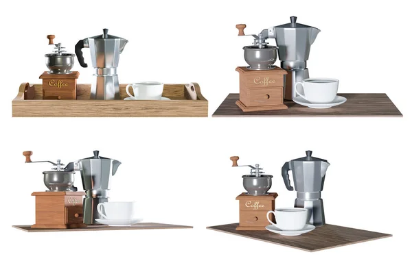 Készlet Kávé Moka Pot Csiszoló Elszigetelt Fehér Alapon Nyírás Útvonal — Stock Fotó