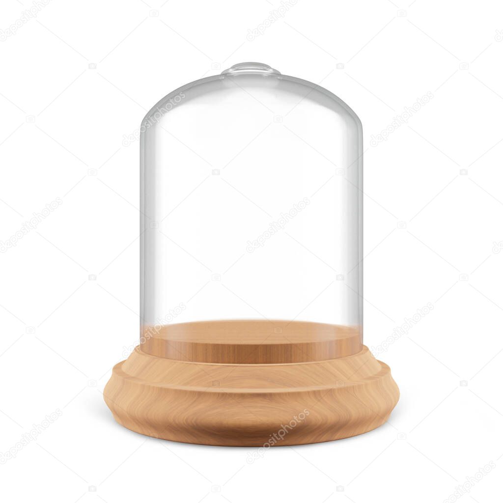 empty glass dome with wooden tray on white background, 3D render