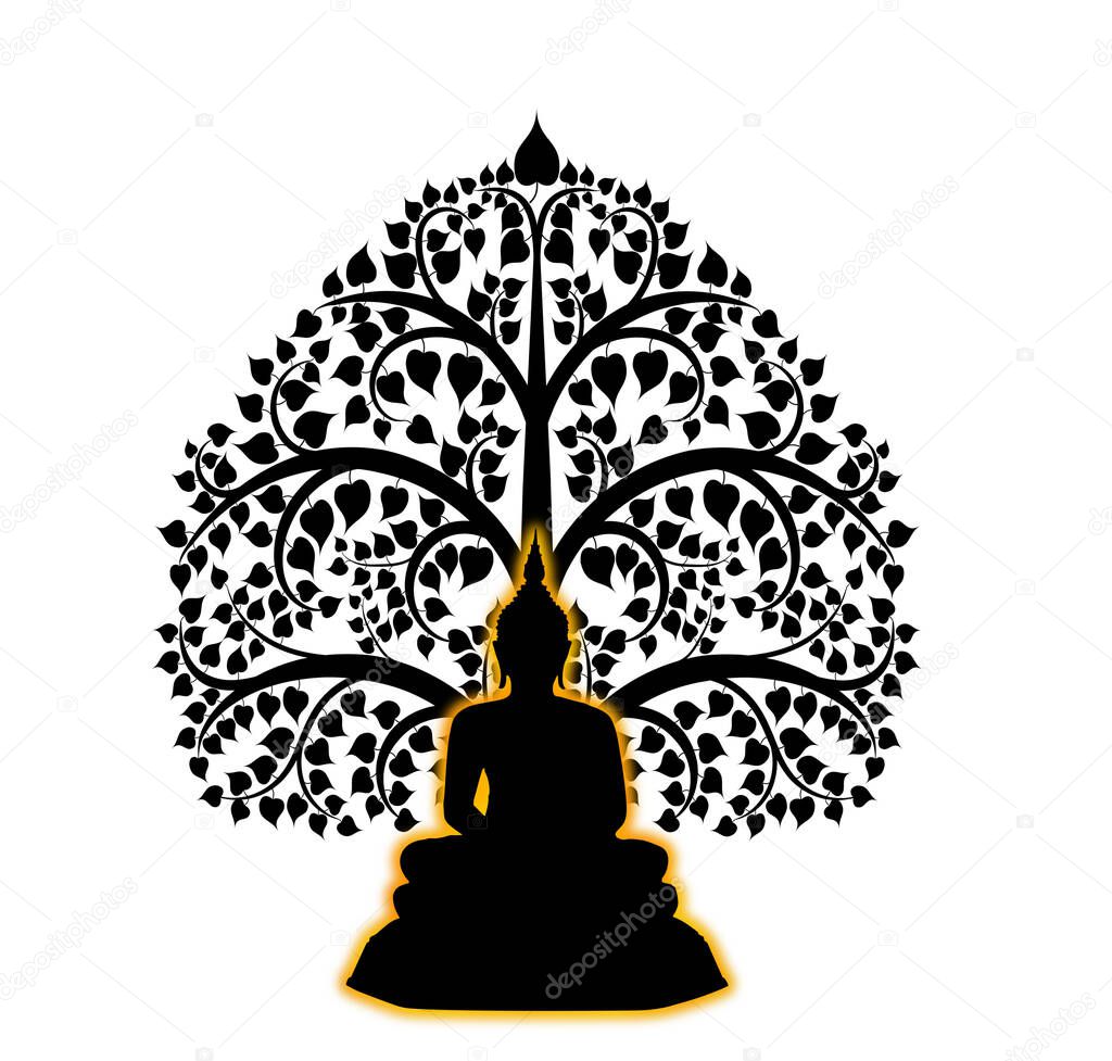 Buddha and bodhi tree symbol isolate on white background,silhouette image 