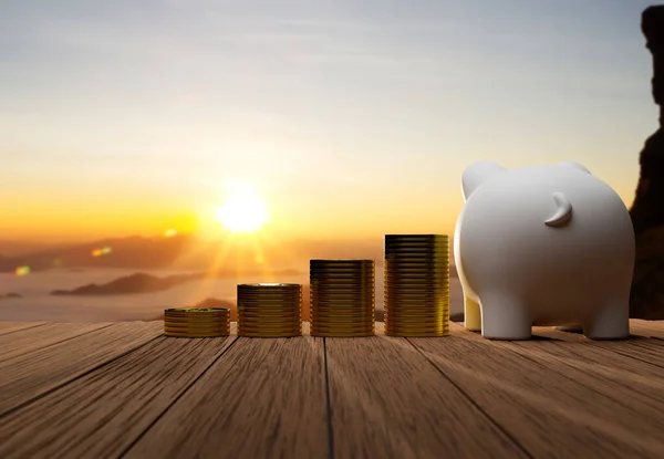 Piggy bank and a pile of coins on old wooden desk with beautiful sunrise background, Saving money for travel concept.3d render