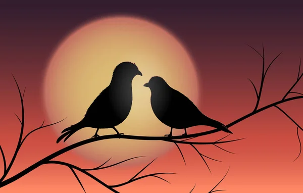 Vogelsilhouette Auf Baum Bei Sonnenuntergang Oder Sonnenaufgang Hintergrund Vektor Illustration — Stockvektor