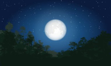 Ormanın siluetinde dolunay olan bir gece. Vektör illüstrasyonu