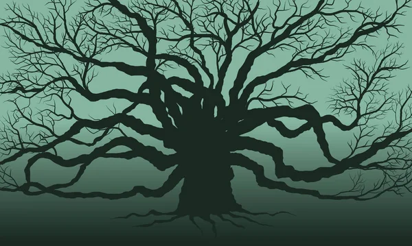暗い背景の大きな木の死んだシルエットベクトルイラスト — ストックベクタ