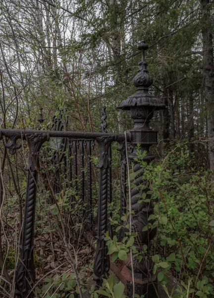夕阳西下后在坟场的一个古老的 破碎的 可怕的铁栅栏 栅栏是用来圈住坟地的类型 植物在篱笆周围和栅栏中生长 — 图库照片