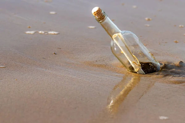 Message Corked Bottle Washed Beach Bottle Reflected Wet Sand Bottle Royalty Free Stock Images