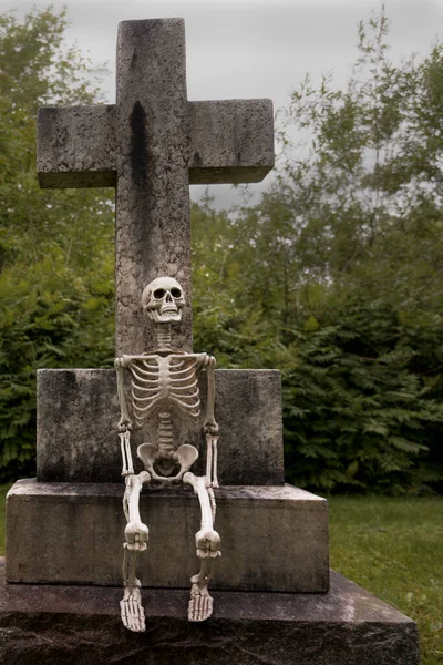 Σκελετός Κάθεται Ένα Μεγάλο Σταυρό Τάφο Σούρουπο Δέντρα Και Θάμνους — Φωτογραφία Αρχείου