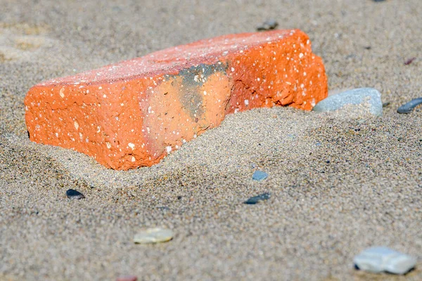 Orange Red Brick Resting Sandy Beach Sunny Day — Stock Photo, Image