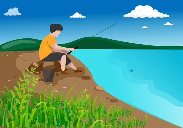 一个拿着钓竿的男人坐在湖边的石头上 — 图库矢量图片