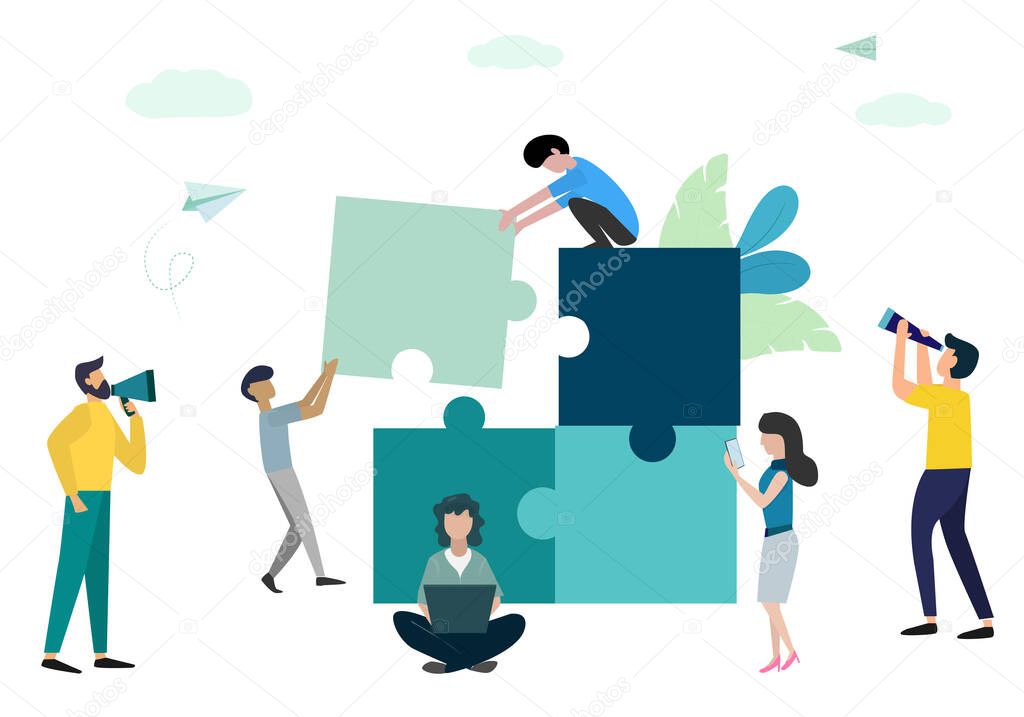 People connect business idea puzzle elements Teamwork cooperation vector picture