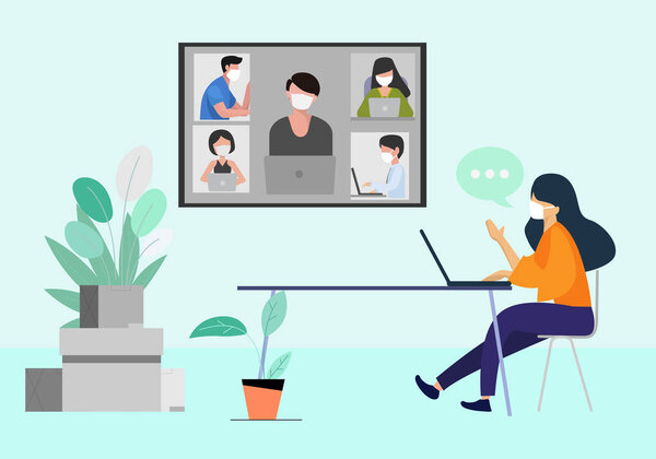 A woman wearing a mask is working on a teleconference from home via a screen. Large size for a business meeting with a group of five colleagues, flat design.