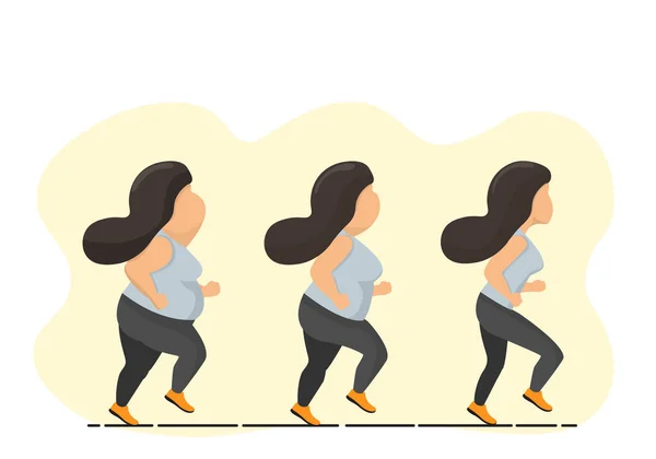 彼らのプロポーションが再び形に戻るまで 体重を失うために実行している脂肪の女性 ベクトルフラットイラスト — ストックベクタ