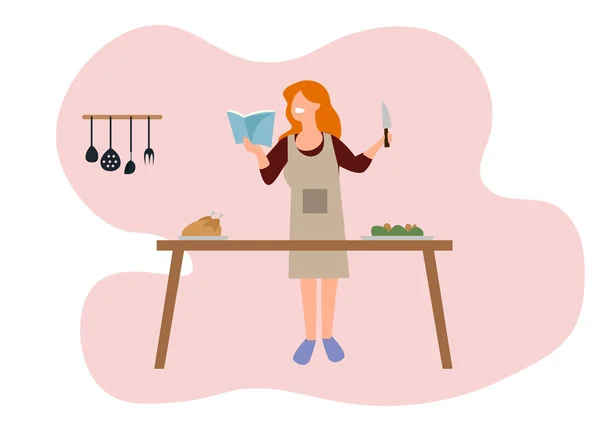 Une Femme Cuisine Tient Livre Cuisine Pour Étudier Les Recettes — Image vectorielle