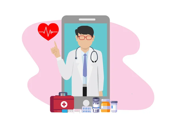 Consultazione Con Paziente Con Medico Tramite Smartphone Supporto Medico Online — Vettoriale Stock