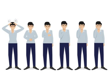 Gündelik giysiler içindeki genç adam farklı pozlarda organ ağrısı içinde duruyor. İzole vektör illüstrasyonunu ayarla.