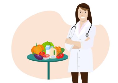 Beslenme uzmanı, o parlak bir şekilde gülümsedi. Sağlıklı meyve ve sebzeler, sağlık ve diyet kavramları göstermiştir.