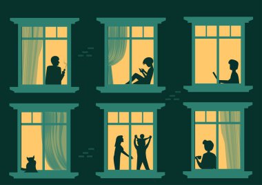 Pencerelerdeki komşulara bak. Dairedeki çizgi film karakterleri, oturan, çalışan, cep telefonlarıyla oynayan ve birlikte zaman geçiren insanlar. Akşam siluetinde vektör illüstrasyon evi sahnesi ya da penceredeki insanlar