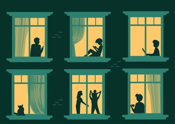 Подивіться Сусідів Вікнах Мультиплікаційні Персонажі Квартирі Люди Які Сидять Працюють — стоковий вектор
