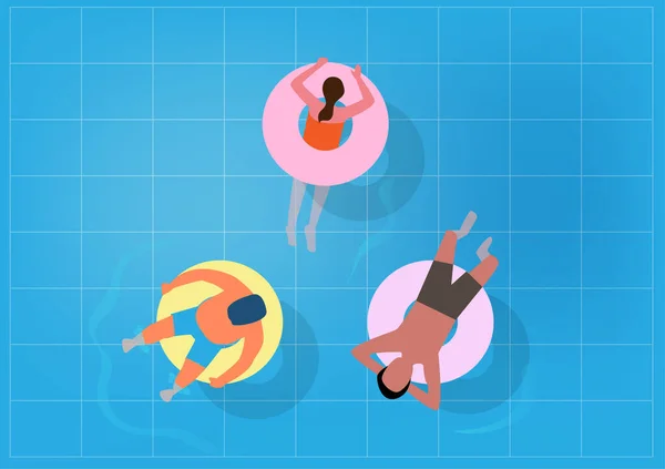 Naadloze Zomer Achtergrond Met Mensen Ontspannen Geblazen Ringen Het Zwembad — Stockvector
