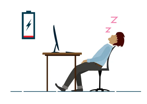 Empleado Hombre Agotado Duerme Escritorio Oficina — Vector de stock