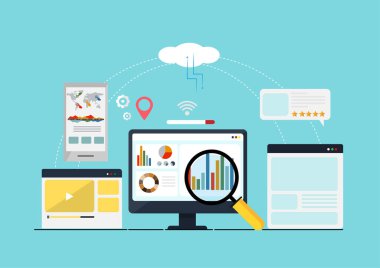 Arama, veri yönetimi, veri merkezi, koruma, depolama, dijital gizlilik, mavi arkaplanda ayrı bir simgeye sahip ağ sunucusu. Düz biçim çizgi film çizim vektörü